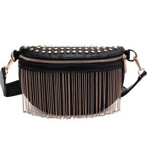 💫 Glt.etl Faux leather Fringe Women Black Quilted Rivet Studded Waist Pack